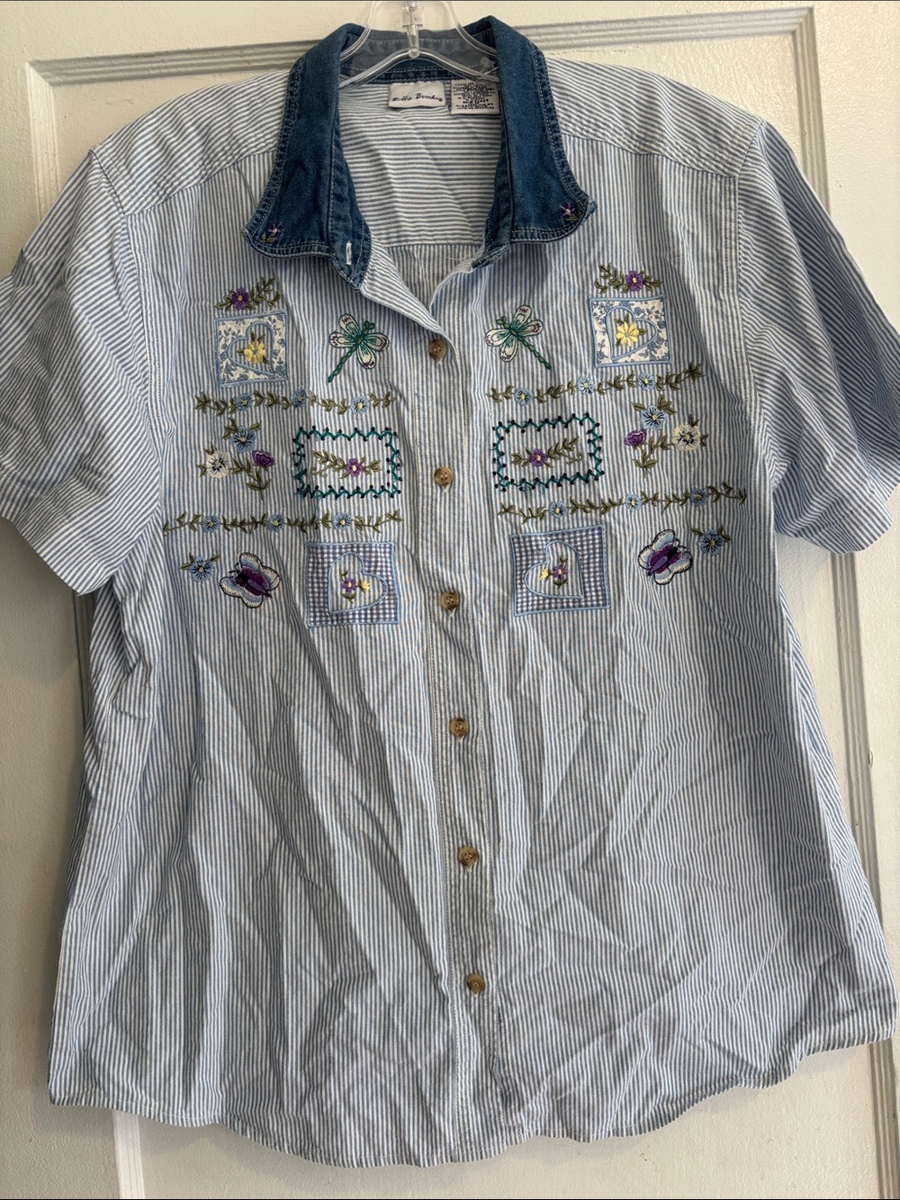 Bobbi Brown Blue and White Striped Short-Sleeve Embroidered Button-Down Shirt
